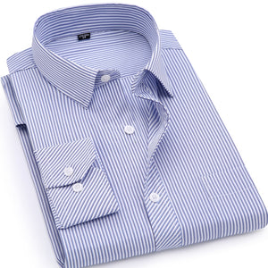 Men's Classic Stripe Business Casual Long Sleeve Shirt with One Button Mitered Cuff