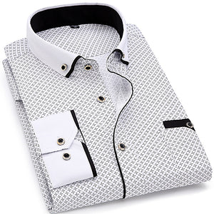 Men's Pattern Printed Slim Fit Fashion Pocket Long Sleeve Shirt with Solid Collar & One Button Mitered Cuff