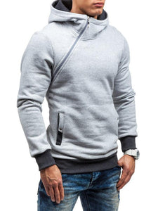 Men's Solid Long Sleeve Oblique Zipper Hooded Sweatshirt