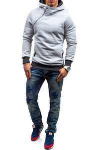 Men's Solid Long Sleeve Oblique Zipper Hooded Sweatshirt