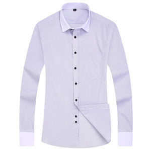 Men's White-Collar Stripe Business Casual Long Sleeve Shirt with One Button White Mitered Cuff