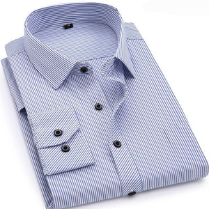 Men's Classic Stripe Business Casual Long Sleeve Shirt with One Button Mitered Cuff