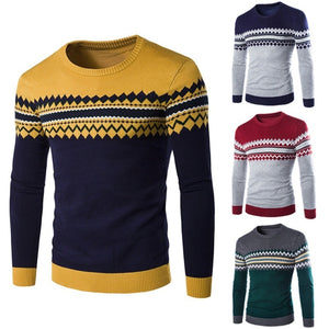 Men's Casual Crew Neck Long Sleeve Argyle Pattern Print Pullover Sweater